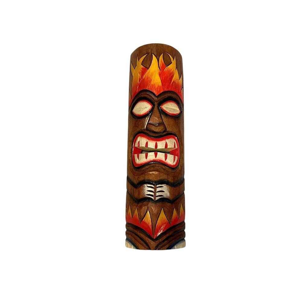 RUSTIC 20"‎ HAND CARVED AND PAINTED WOOD FIRE FLAME TIKI BAR DECOR WALL MASK